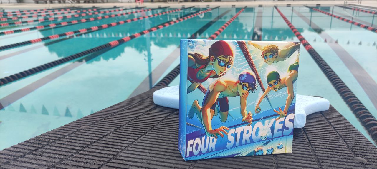 Four Strokes swimming card game beside a pool