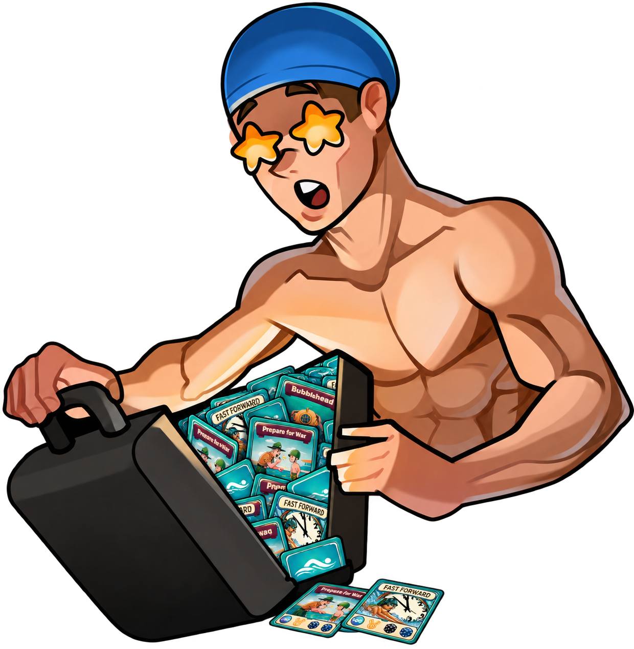 A swimmer with starry eyes opening a case full of Four Strokes Challenge and Action cards