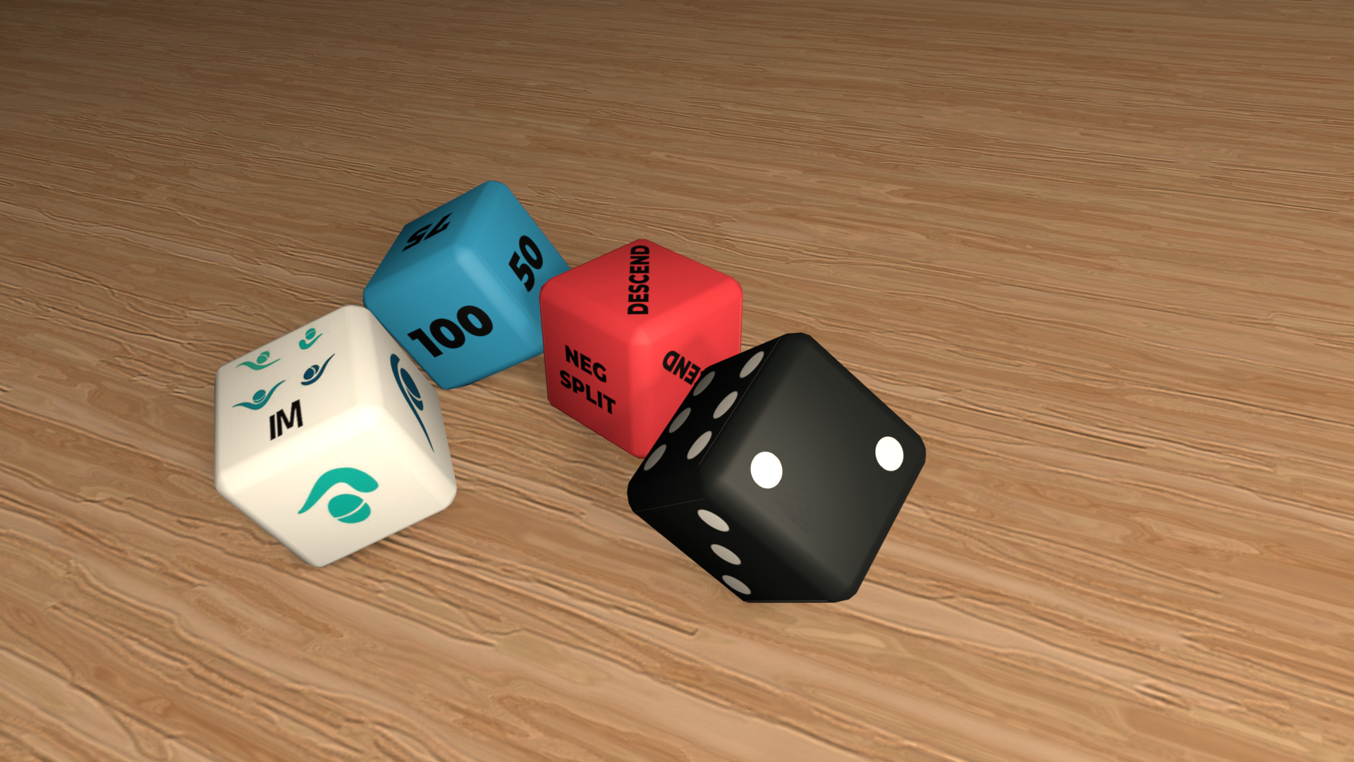 Four Strokes dice on a table