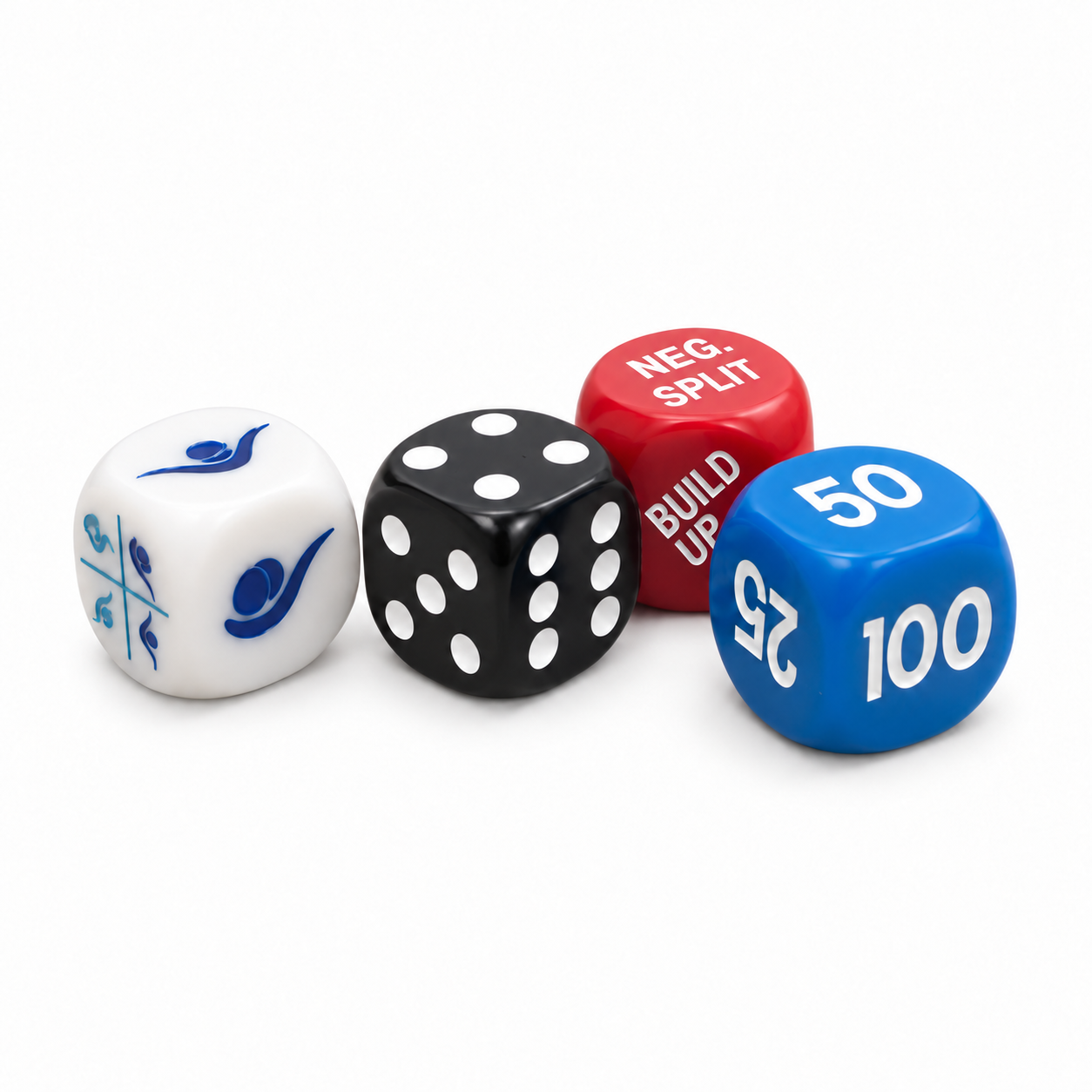 Set of four Swimmer's Dice on a white background