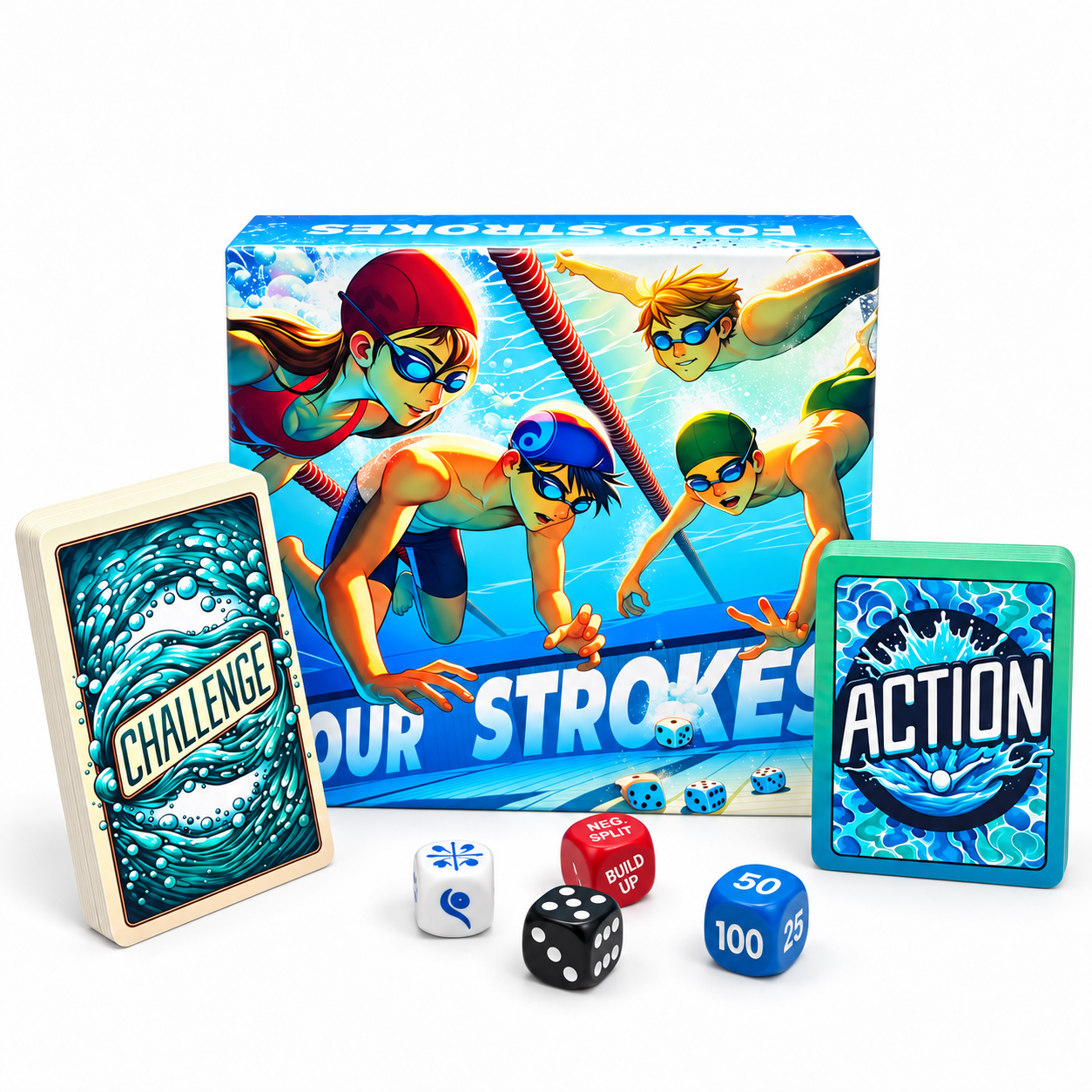 Four Strokes game box, card decks, and four dice on a white background