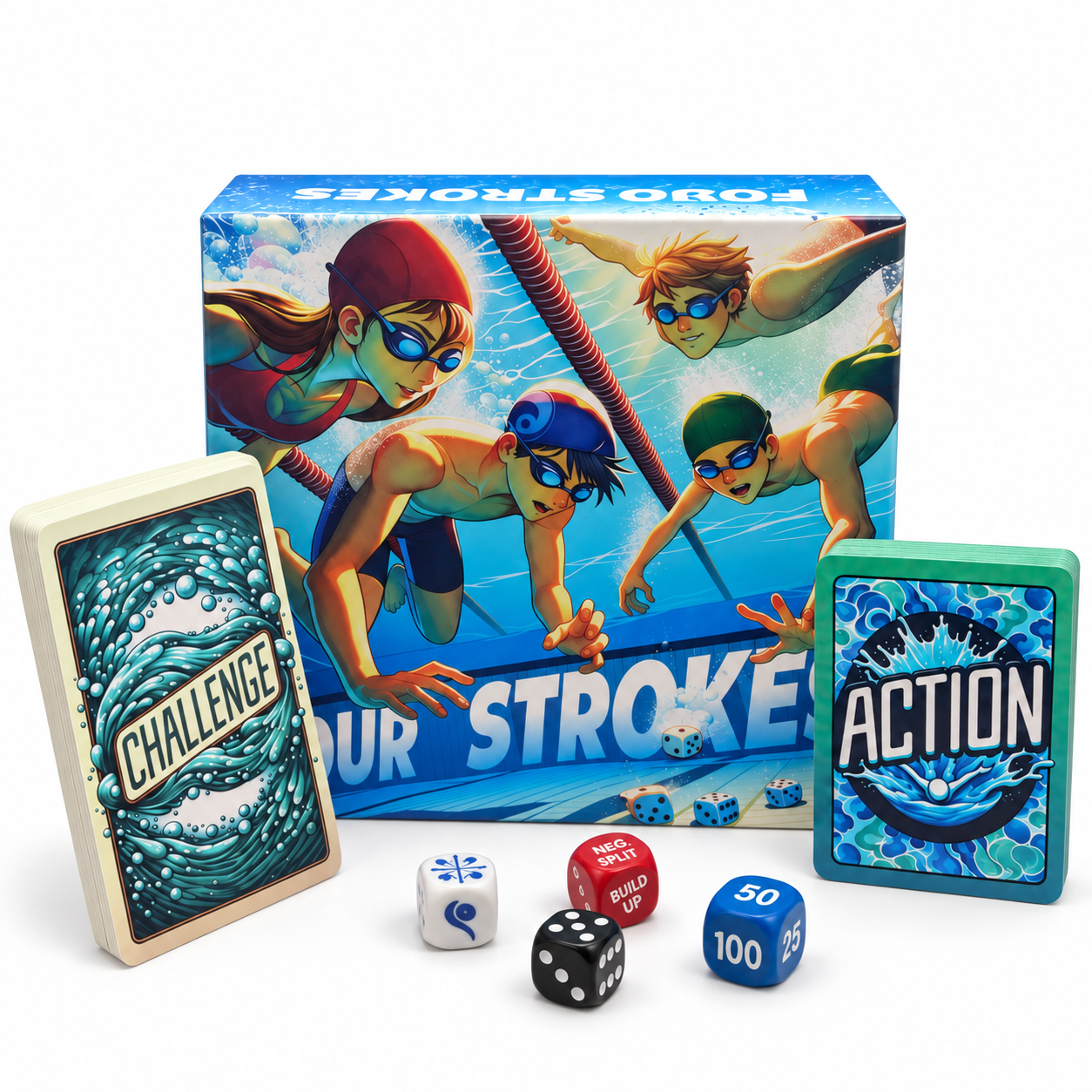 Four Strokes game box, card decks, and four dice on a white background